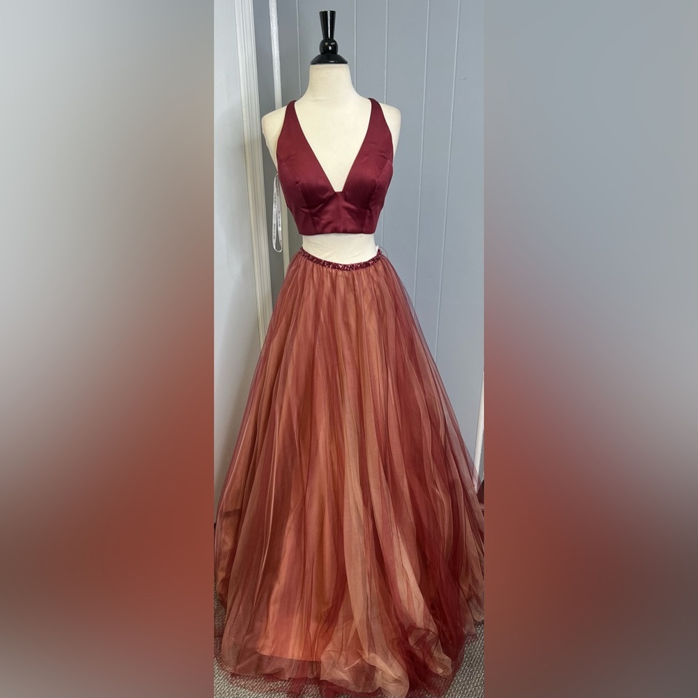 Halter two-piece prom dress/ formal gown tulle bottom satin top